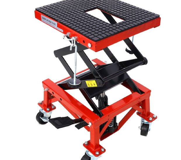 300 lbs. Capacity Motorcycle Scissor Jack in Red with 4-Wheels