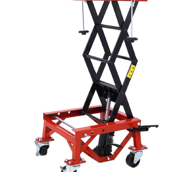 300 lbs. Capacity Motorcycle Scissor Jack in Red with 4-Wheels 300 lbs. Capacity Motorcycle Scissor Jack in Red with 4-Wheels