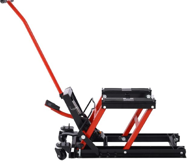 1500 lbs Capacity Portable Hydraulic Motorcycle Lift Jack in Red with Tie Down 1500 lbs Capacity Portable Hydraulic Motorcycle Lift Jack in Red with Tie Down