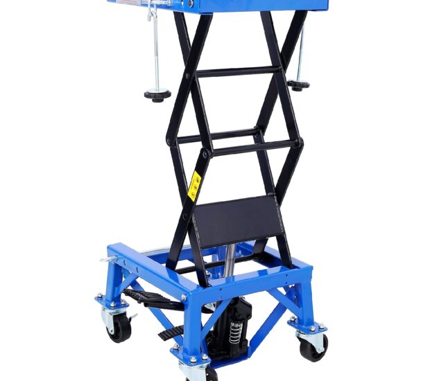 300 lbs. Capacity Motorcycle Scissor Jack in Blue with 4-Wheels 300 lbs. Capacity Motorcycle Scissor Jack in Blue with 4-Wheels