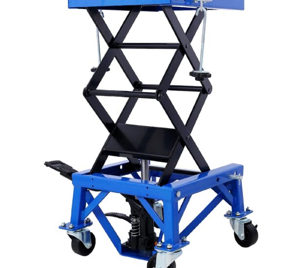 300 lbs. Capacity Motorcycle Scissor Jack in Blue with 4-Wheels 300 lbs. Capacity Motorcycle Scissor Jack in Blue with 4-Wheels